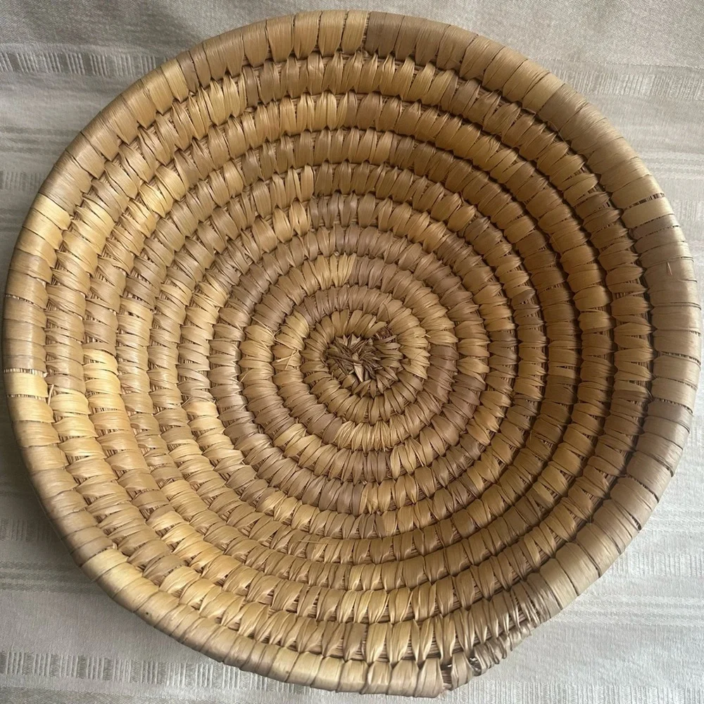 Vintage Bahamas Handwoven Straw Basket Bowl Boho Coastal Decor